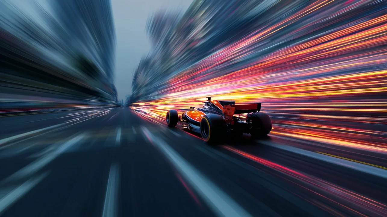F1 race car speeding through futuristic Singapore cityscape at night